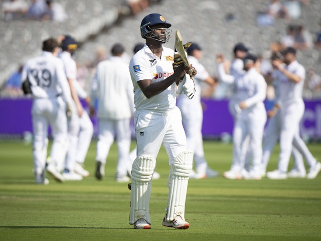 Angelo Mathews of Sri Lanka reacts after being dismissed by England during the Test Match at Lords on August 31, 2024