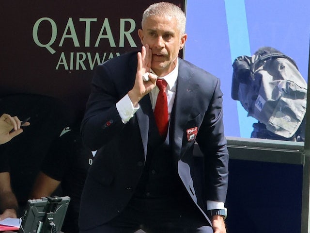 Albania coach Sylvinho shouts from the sidelines during his team's European Championship match against Croatia on June 19, 2024