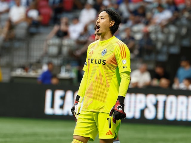  Vancouver Whitecaps goalkeeper Yohei Takaoka reacts to a penalty call on August 3, 2024