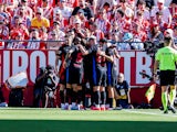 Barcelona players celebrate Lamine Yamal's goal on September 15, 2024