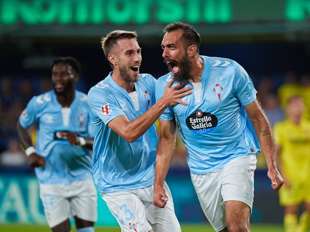 Borja Iglesias of Celta Vigo celebrates with Oscar Mingueza after his goal on August 26, 2024