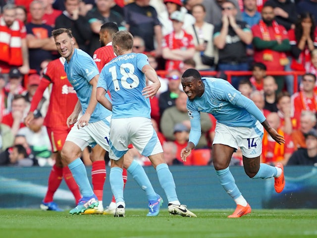 Liverpool's Callum Hudson-Odoi celebrates scoring their first goal on September 14, 2024