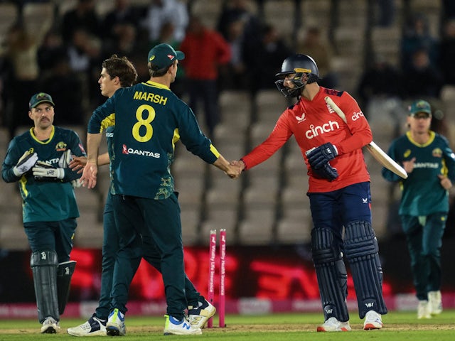 England v Australia Mitchell Marsh of Australia shakes hands with Saqib Mahmood  on September 7, 2024