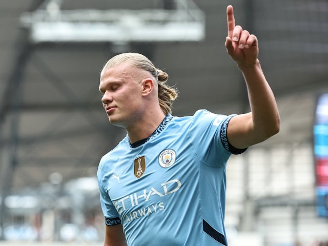 Manchester City's Erling Haaland celebrates scoring his first goal on September 14, 2024