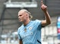 Manchester City's Erling Haaland celebrates scoring his first goal on September 14, 2024