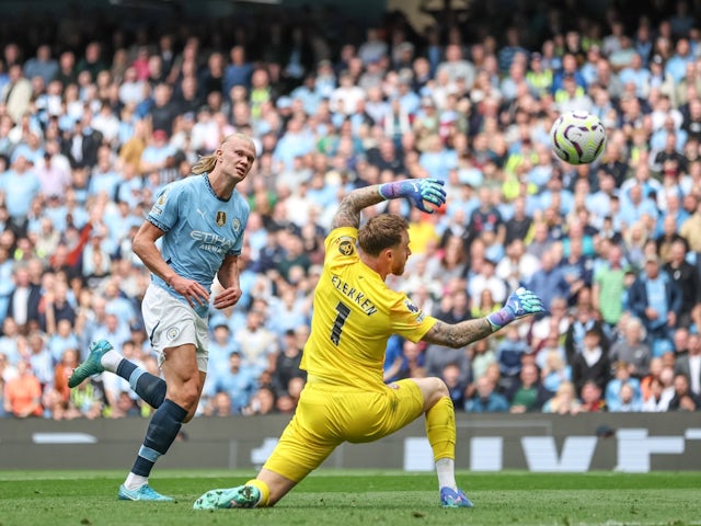 Manchester City's Erling Haaland scores his second goal on September 14, 2024