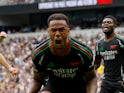 Arsenal's Gabriel Magalhaes celebrates scoring their first goal on September 15, 2024