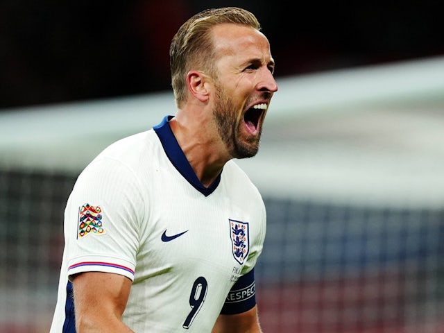 England's Harry Kane celebrates scoring his first goal on September 10, 2024