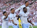 Aston Villa's Jhon Duran celebrates with teammates after scoring their second goal on August 17, 2024