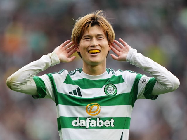 Kyogo Furuhashi celebrates scoring for Celtic on September 1, 2024