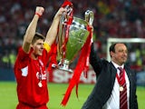 Liverpool's Steven Gerrard and Rafael Benitez with the trophy after winning the Champions League final on May 25, 2005