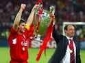 Liverpool's Steven Gerrard and Rafael Benitez with the trophy after winning the Champions League final on May 25, 2005