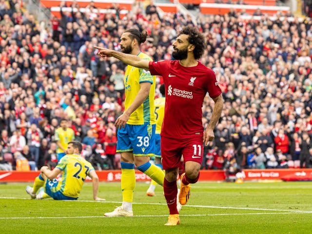 Liverpool's Mohamed Salah celebrates scoring against Nottingham Forest on April 22, 2023