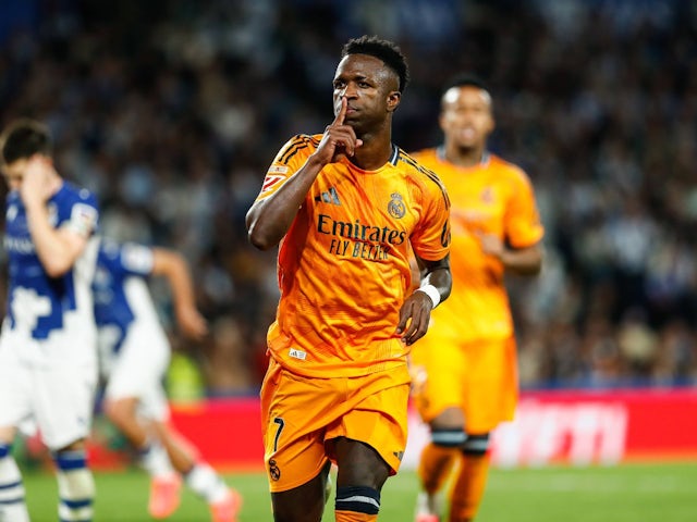 Real Madrid's Vinicius Junior celebrates after scoring on September 14, 2024