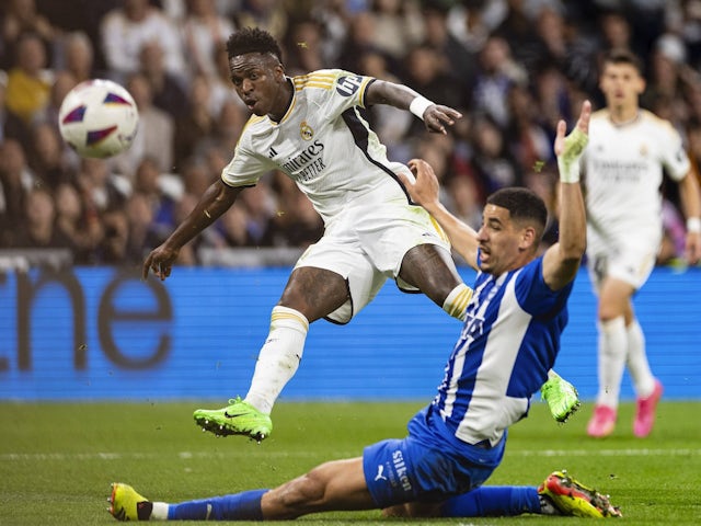 Real Madrid's Vinicius Junior in action against Alaves on May 14, 2024