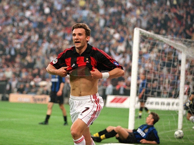 Andriy Shevchenko of AC Milan celebrates scoring against Inter Milan on May 11, 2001