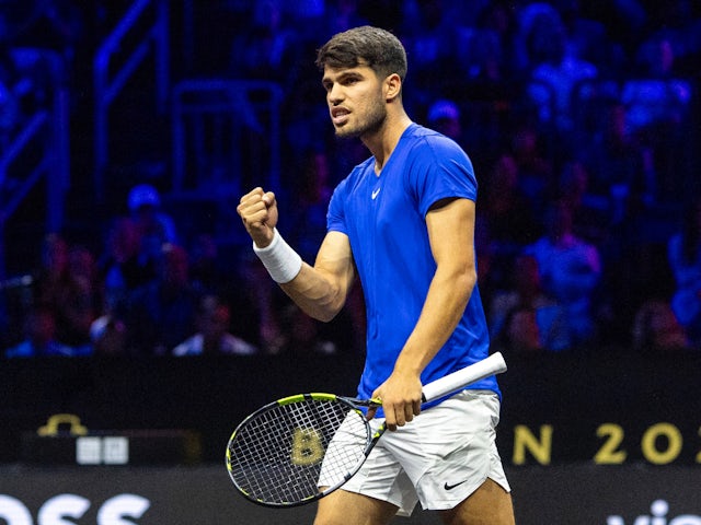 Carlos Alcaraz reacts at the Laver Cup on September 20, 2024