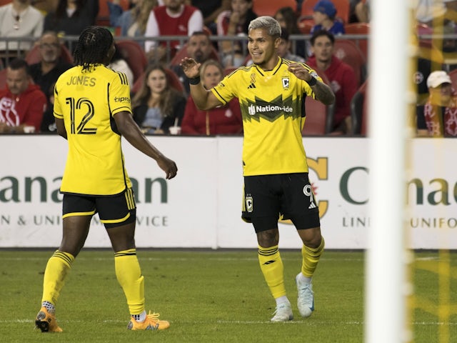 Columbus Crew striker Cucho Hernandez celebrates a goal on September 18, 2024