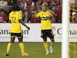 Columbus Crew striker Cucho Hernandez celebrates a goal on September 18, 2024