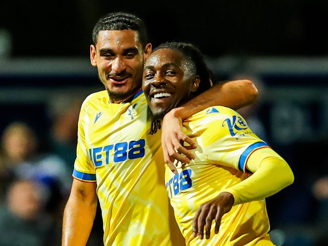 Crystal Palace's Eberechi Eze celebrates with Maxence Lacroix after scoring on September 17, 2024