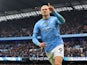 Manchester City striker Erling Haaland celebrates scoring his 100th goal for the club on September 22, 2024