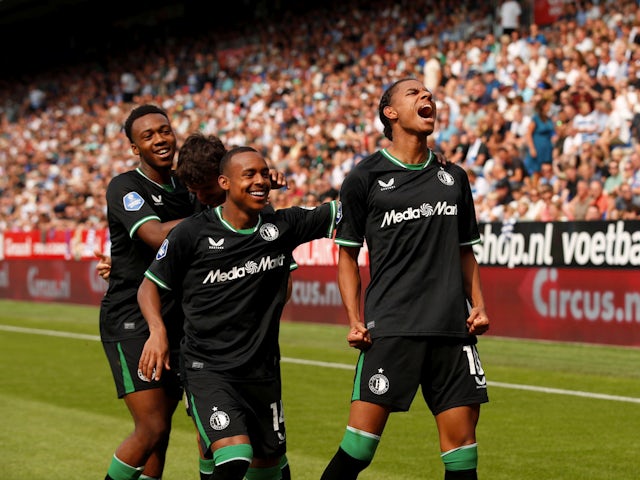 Antoni Milambo, Igor Paixao and Calvin Stengs of Feyenoord celebrate on August 18, 2024