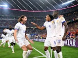 France's Adrien Rabiot, Jules Kounde and Randal Kolo Muani celebrate on July 9, 2024