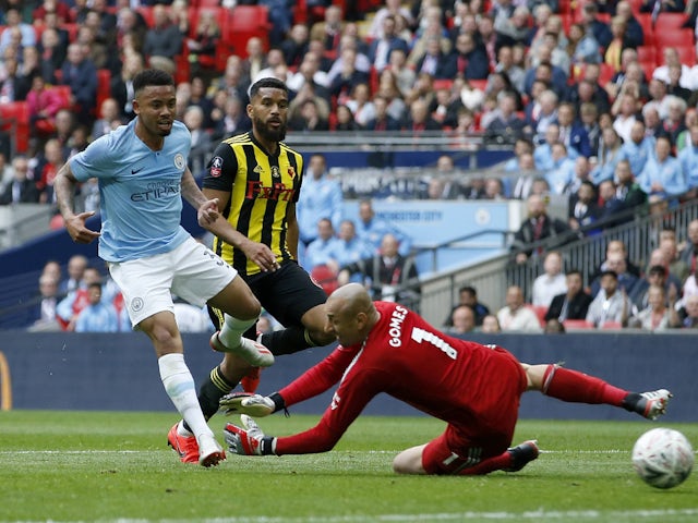 Gabriel Jesus scores for Manchester City against Watford in the FA Cup final on May 19, 2019