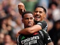 Arsenal's Gabriel Magalhaes celebrates with William Saliba after scoring on September 15, 2024