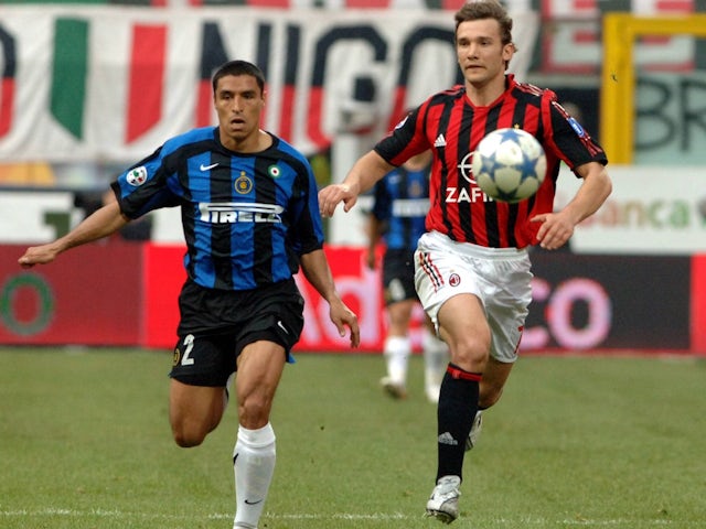 Andriy Shevchenko of AC Milan and Ivan Cordoba of Inter Milan on April 14, 2006