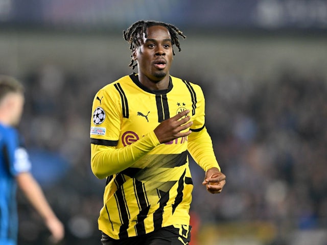 Borussia Dortmund's Jamie Bynoe-Gittens celebrates after scoring his first goal against Club Brugge in the Champions League on September 18, 2024 