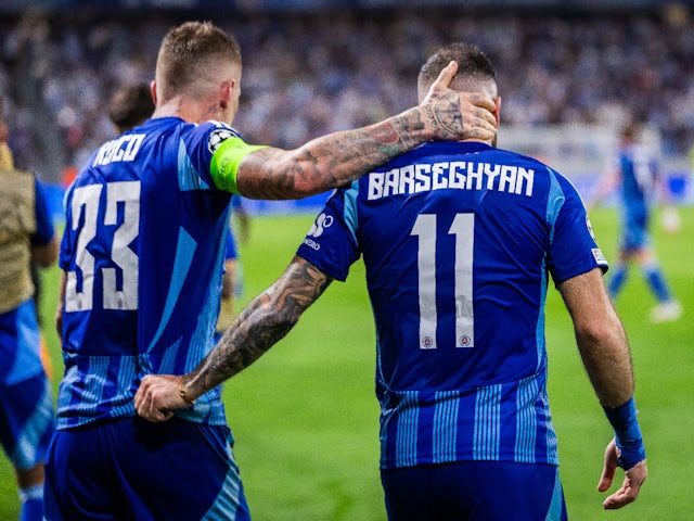 Juraj Kucka and Tigran Barseghyan of Slovan Bratislava on August 28, 2024