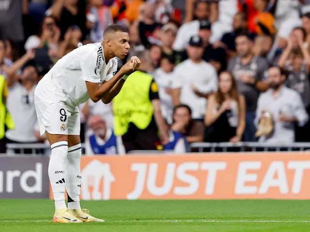 Kylian Mbappe (Real Madrid) celebrates after scoring his team's first goal during the UEFA Champions League 2024/25 League Phase on September 17, 2024