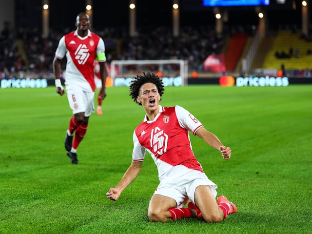 Maghnes Akliouche of Monaco celebrates scoring against Barcelona on September 19, 2024