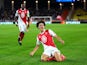 Maghnes Akliouche of Monaco celebrates scoring against Barcelona on September 19, 2024