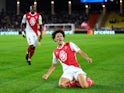 Maghnes Akliouche of Monaco celebrates scoring against Barcelona on September 19, 2024