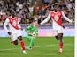 George Ilenikhena of Monaco celebrates scoring against Barcelona on September 19, 2024