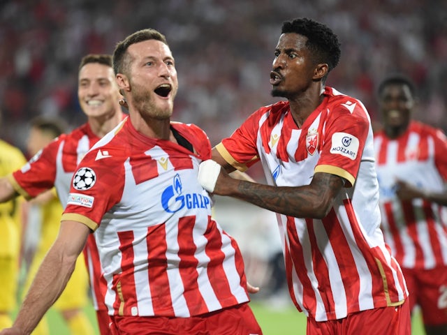 Nebojska Parausic of Red Star Belgrade celebrates with her teammates on August 28, 2024.