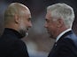 Carlo Ancelotti of Real Madrid CF and Pep Guardiola of Manchester City during the Quarter-final First Leg - UEFA Champions League match between Real Madrid CF and Manchester City at Estadio Santiago Bernabeu on April 9, 2024