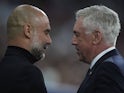 Carlo Ancelotti of Real Madrid CF and Pep Guardiola of Manchester City during the Quarter-final First Leg - UEFA Champions League match between Real Madrid CF and Manchester City at Estadio Santiago Bernabeu on April 9, 2024