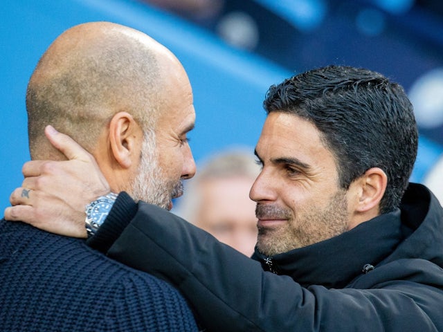 Manchester City Pep Guardiola greets Arsenal manager Mikel Arteta on April 26, 2023