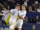 Riqui Puig and Gabriel Pec of the Los Angeles Galaxy celebrate a goal on September 14, 2024