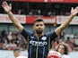 Sergio Aguero celebrates scoring for Manchester City against Arsenal on August 12, 2018