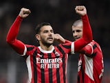 Theo Hernandez of AC Milan celebrates with Alvaro Morata on September 27, 2024