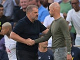 Ange Postecoglou Manager of Tottenham Hotspur and Erik ten Hag Manager of Manchester United in August 2023