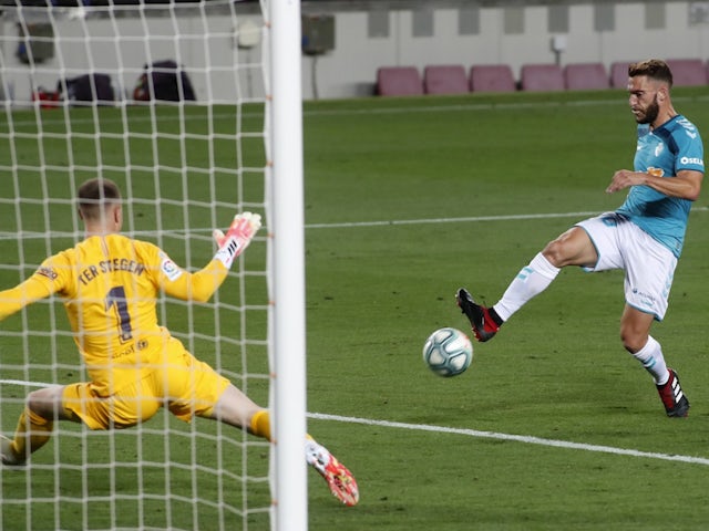 Osasuna's Robert Torres scores against Barcelona on July 16, 2020