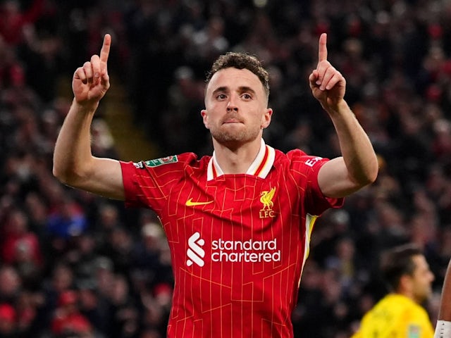 Liverpool's Diogo Jota celebrates scoring his second goal on September 25, 2024