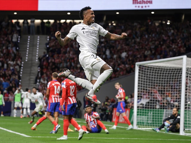 Real Madrid's Eder Militao celebrates scoring against Atletico Madrid on September 29, 2024