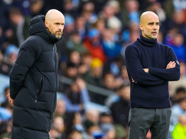 Manchester United manager Erik ten Hag and Manchester City manager Pep Guardiola on March 3, 2024