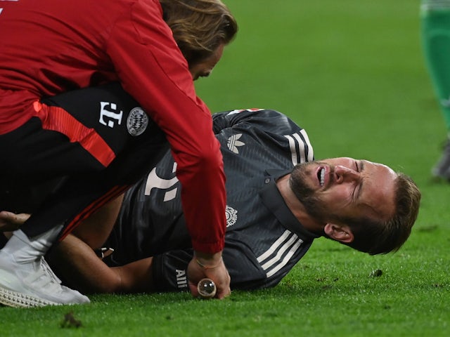 Bayern Munich's Harry Kane goes down with an injury on September 28, 2024